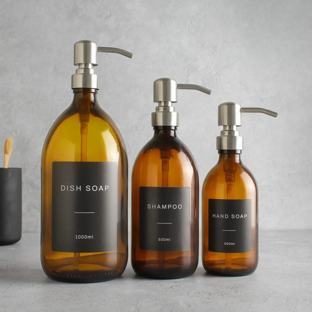 Labelled Amber Glass Dispenser Bottle With Silver Pump Namie Home
