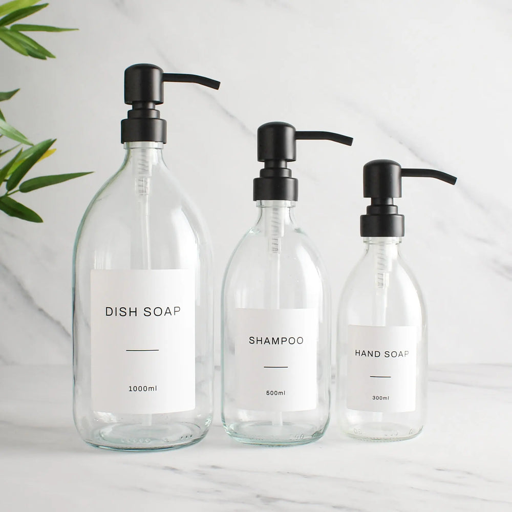 Labelled Clear Glass Dispenser Bottle With Matte Black Pump Namie Home