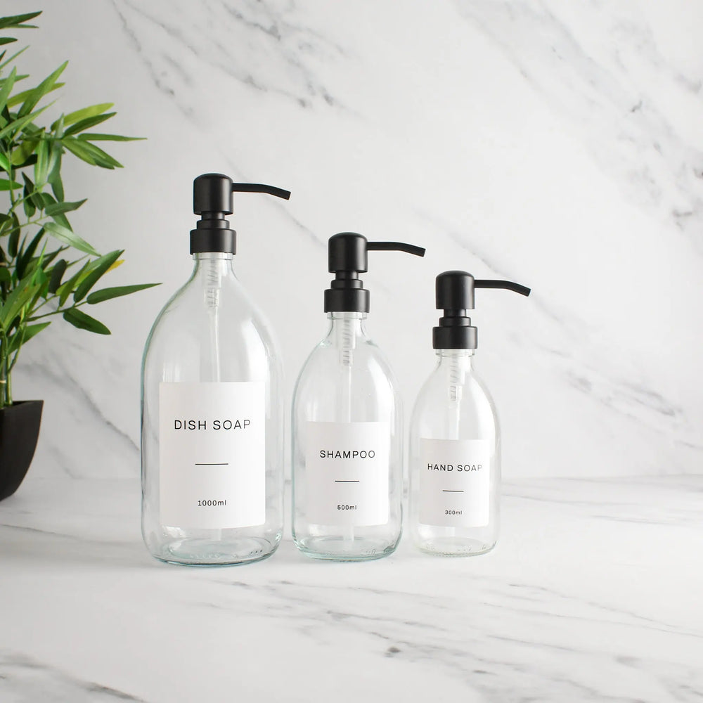 Labelled Clear Glass Dispenser Bottle With Matte Black Pump Namie Home