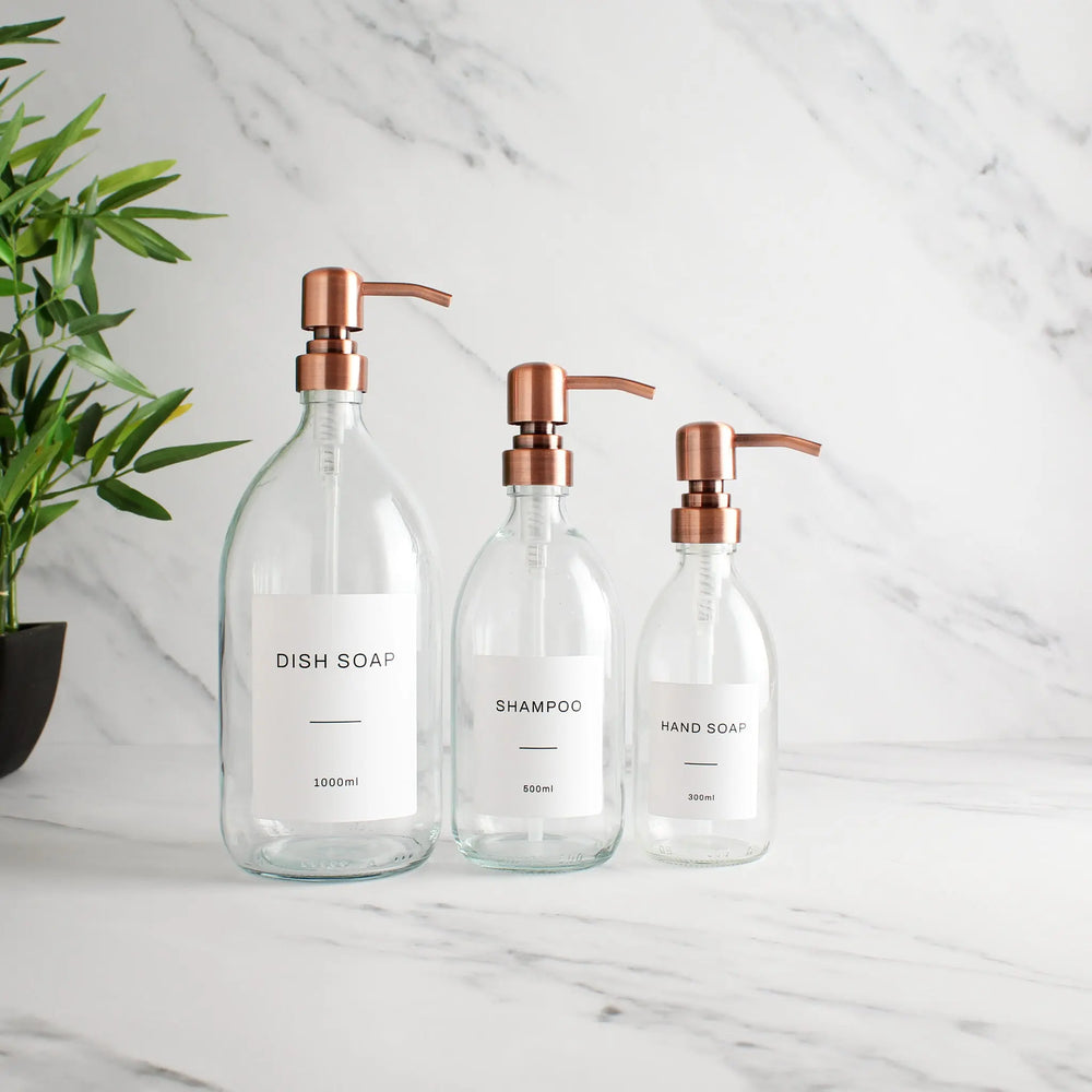 Labelled Clear Glass Dispenser Bottle With Rose Gold Pump Namie Home