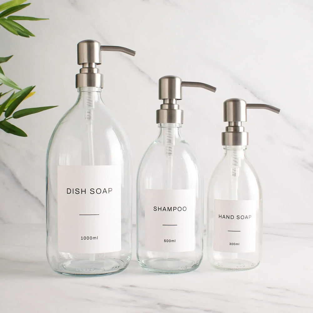 Labelled Clear Glass Dispenser Bottle With Silver Pump Namie Home