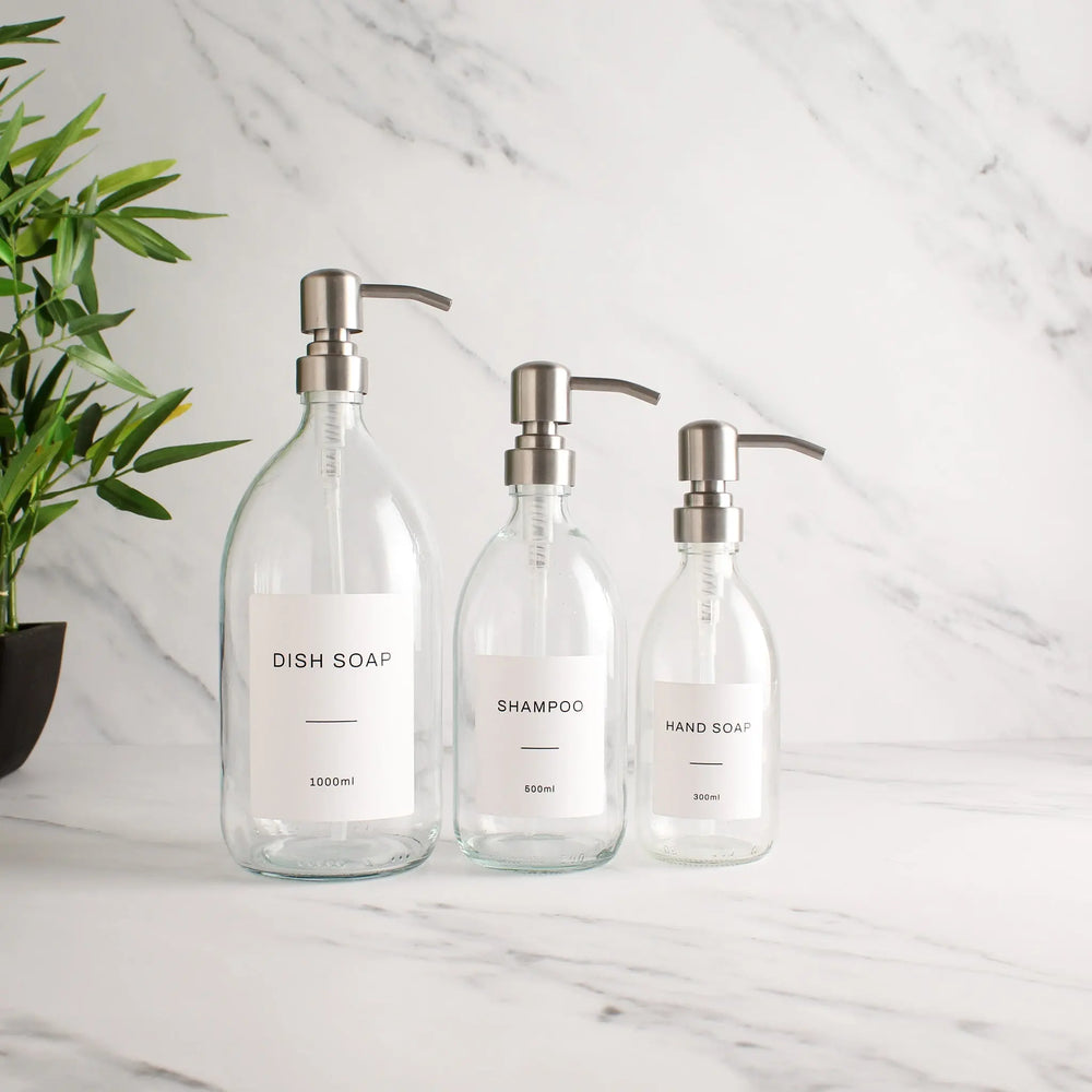 Labelled Clear Glass Dispenser Bottle With Silver Pump Namie Home