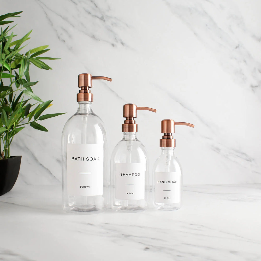 Labelled Clear Plastic Dispenser Bottle With Rose Gold Pump Namie Home