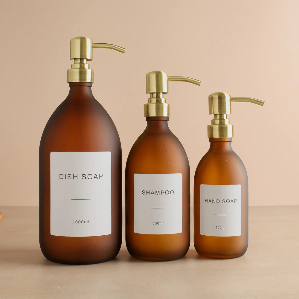 Labelled Frosted Amber Glass Dispenser Bottle With Gold Pump Namie Home