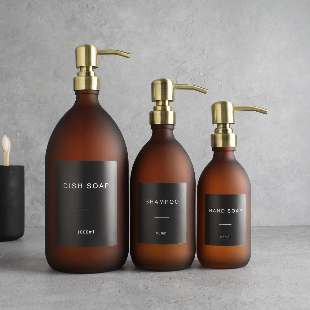 Labelled Frosted Amber Glass Dispenser Bottle With Gold Pump Namie Home