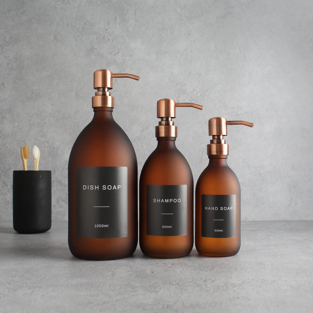Labelled Frosted Amber Glass Dispenser Bottle With Rose Gold Pump Namie Home