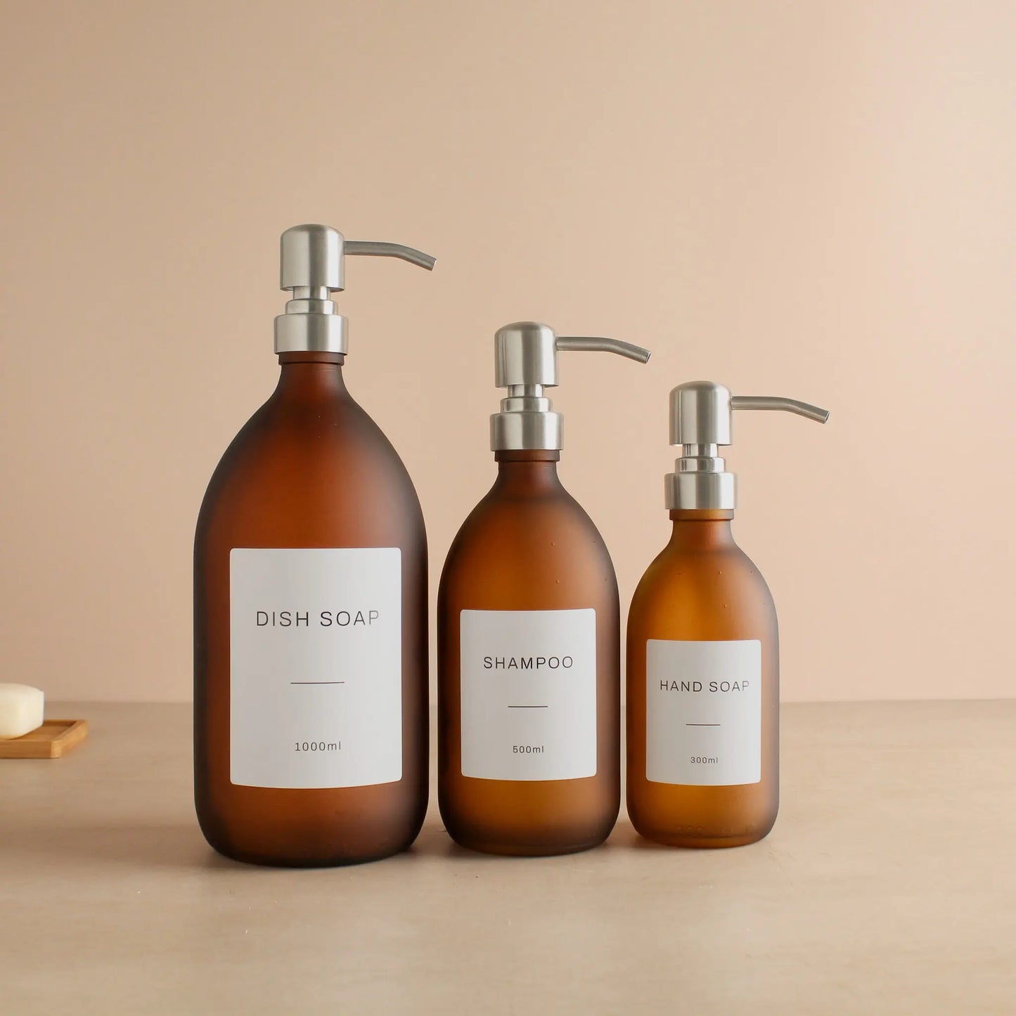 Labelled Frosted Amber Glass Dispenser Bottle With Silver Pump Namie Home