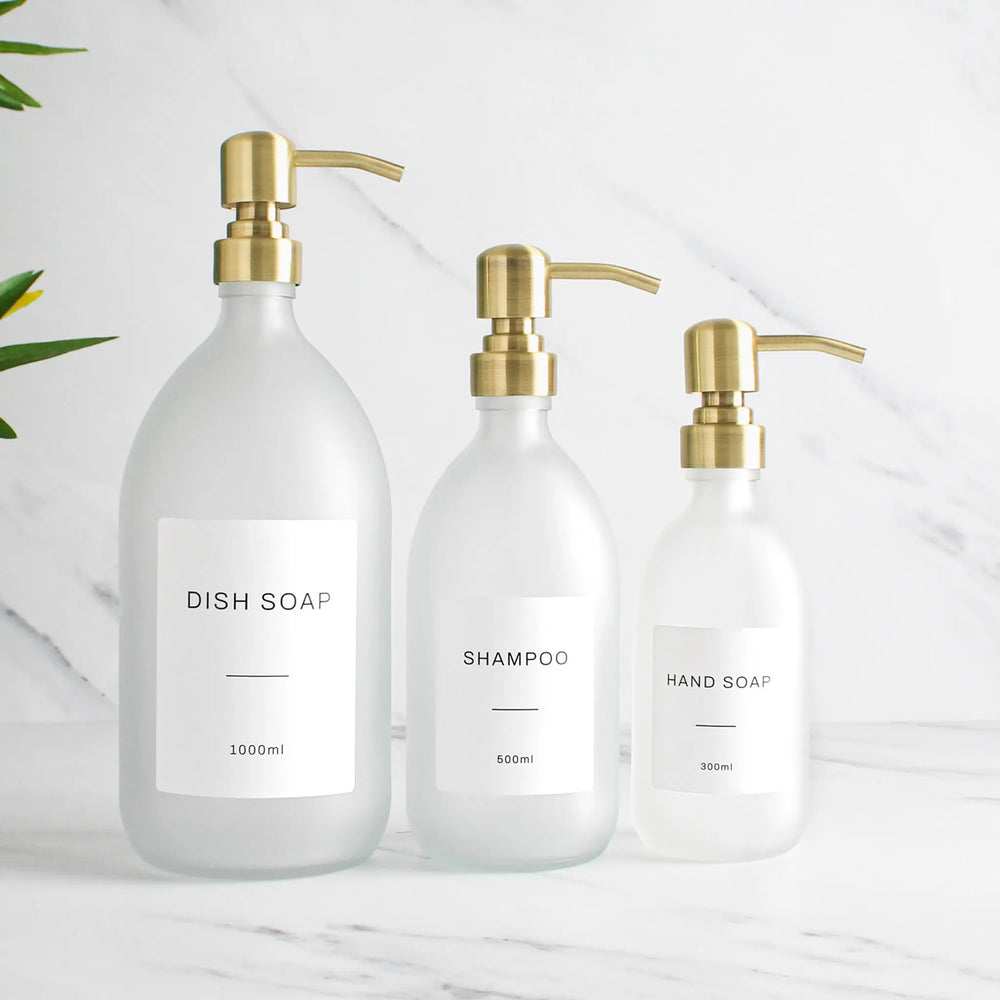 Labelled Frosted White Glass Dispenser Bottle With Gold Pump Namie Home