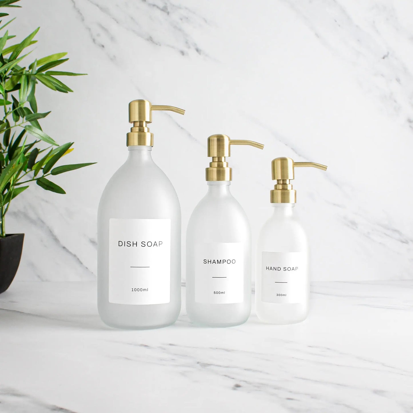 Labelled Frosted White Glass Dispenser Bottle With Gold Pump Namie Home