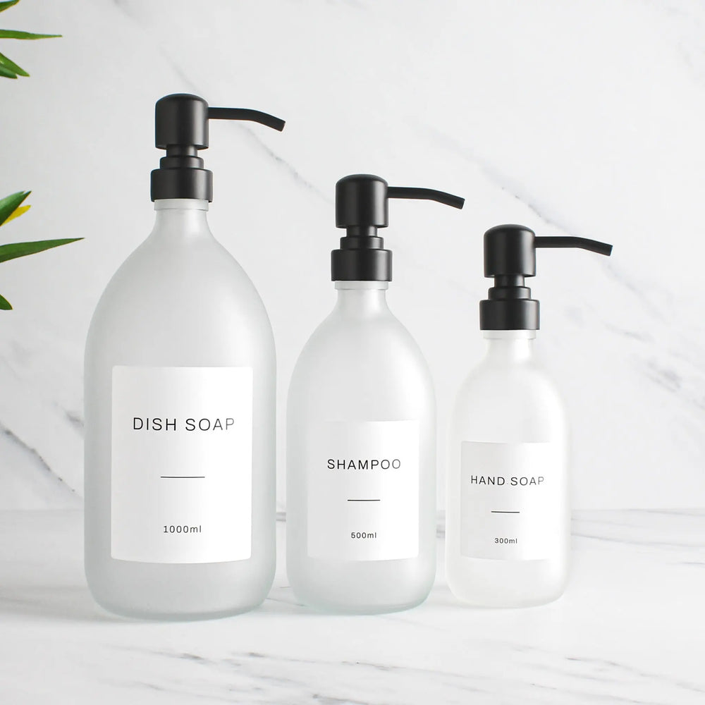 Labelled Frosted White Glass Dispenser Bottle With Matte Black Pump Namie Home