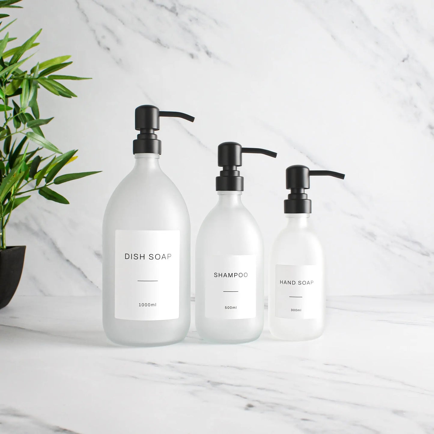 Labelled Frosted White Glass Dispenser Bottle With Matte Black Pump Namie Home