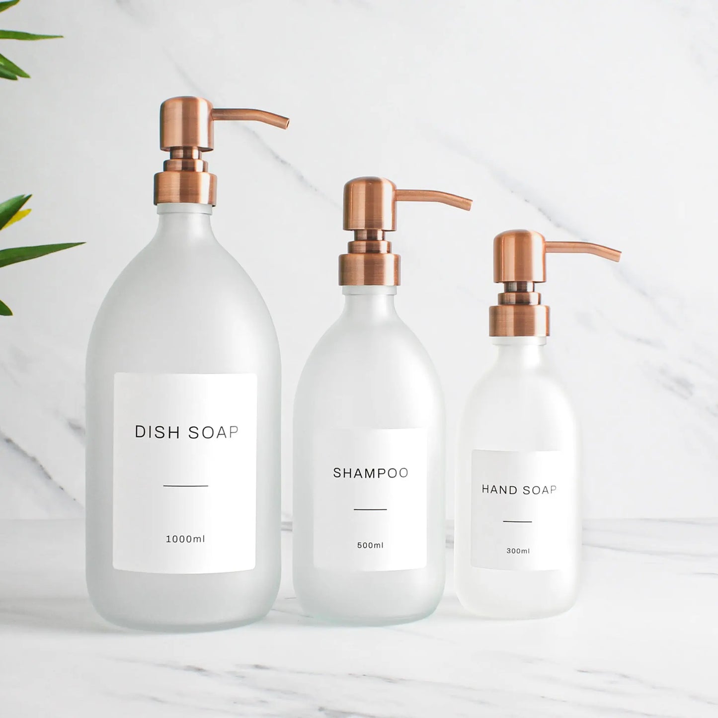 Labelled Frosted White Glass Dispenser Bottle With Rose Gold Pump Namie Home