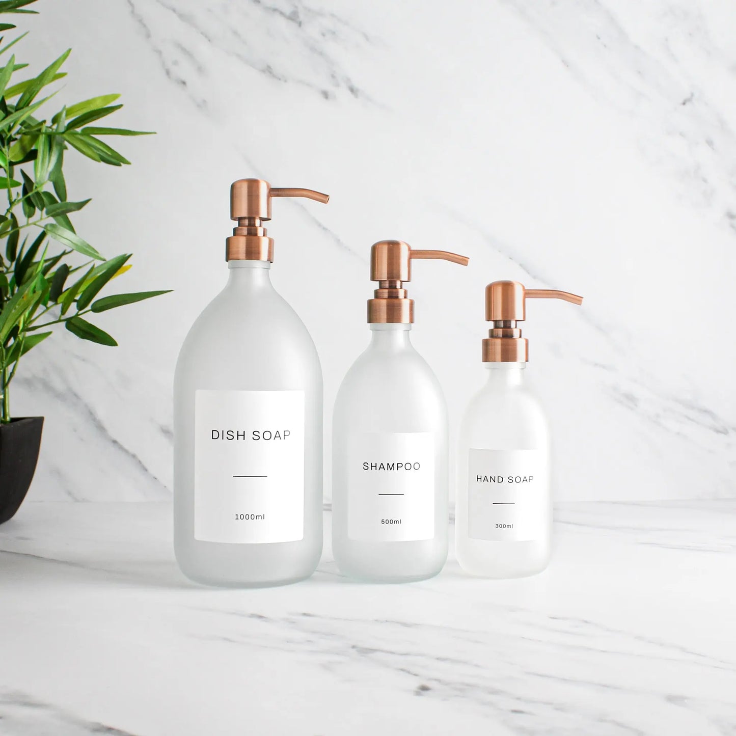 Labelled Frosted White Glass Dispenser Bottle With Rose Gold Pump Namie Home