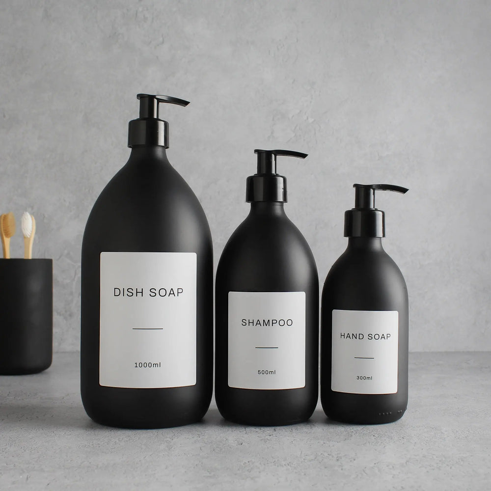 Labelled Matte Black Glass Dispenser Bottle With Black Pump Namie Home