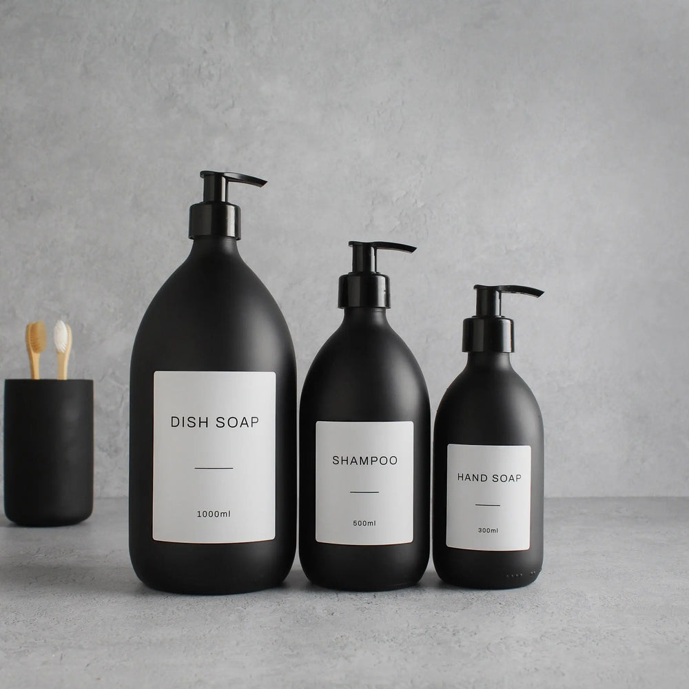 Labelled Matte Black Glass Dispenser Bottle With Black Pump Namie Home