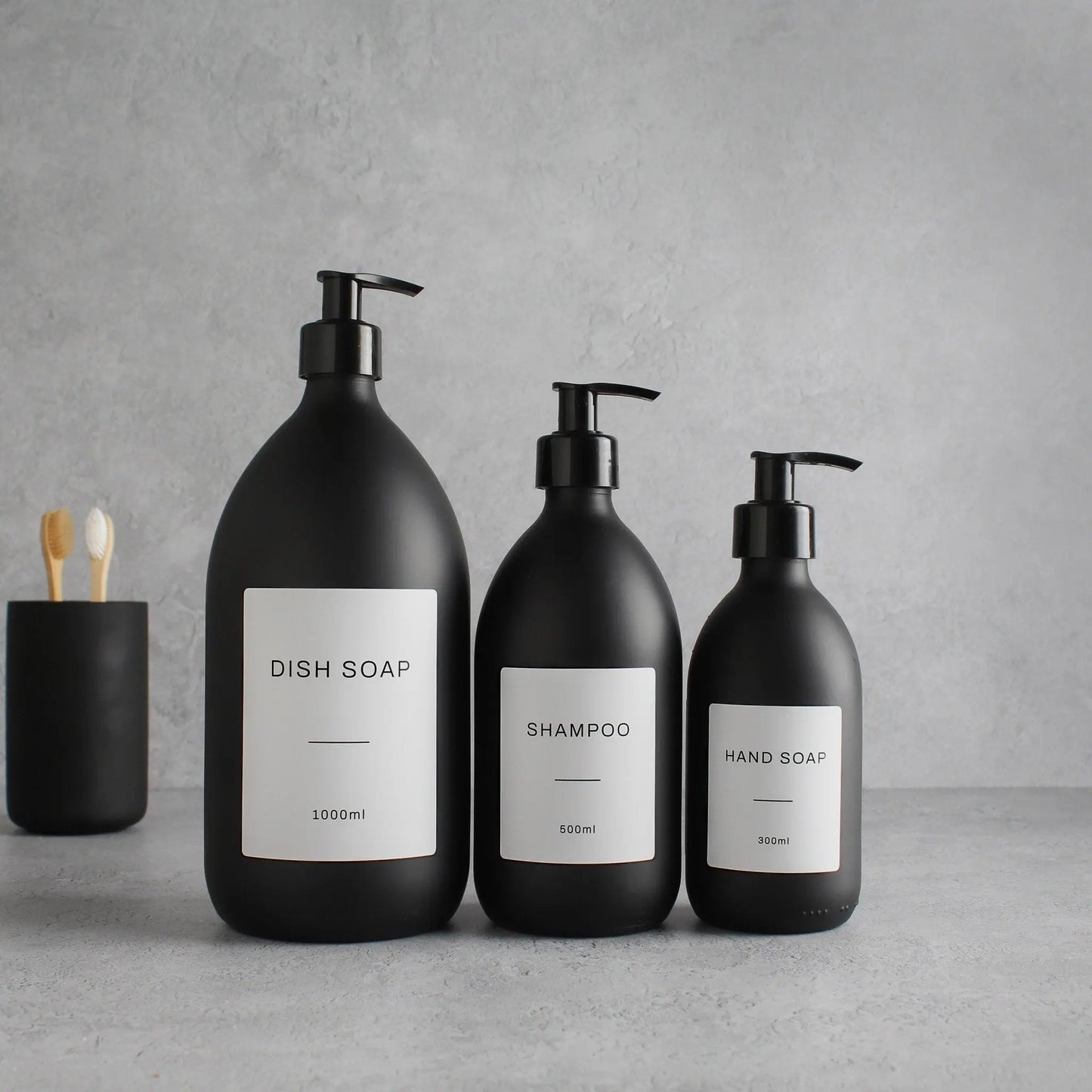 Labelled Matte Black Glass Dispenser Bottle With Black Pump Namie Home
