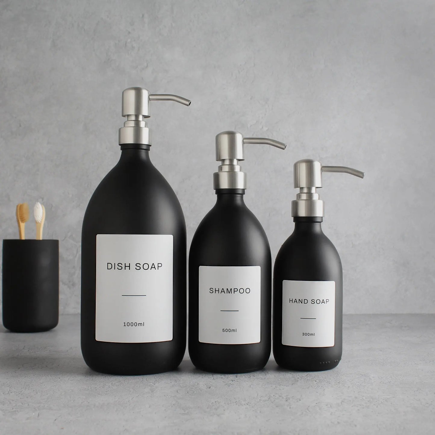 Labelled Matte Black Glass Dispenser Bottle With Silver Pump Namie Home