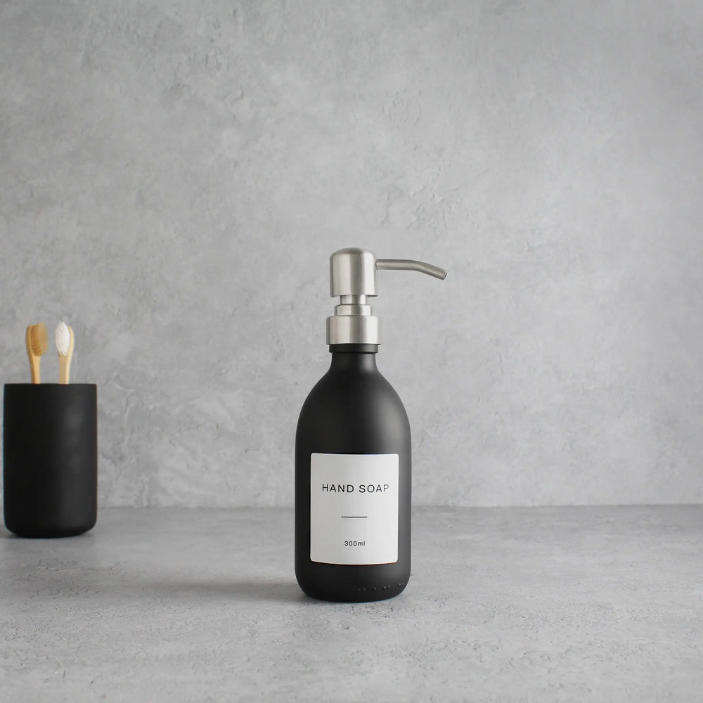 Labelled Matte Black Glass Dispenser Bottle With Silver Pump Namie Home