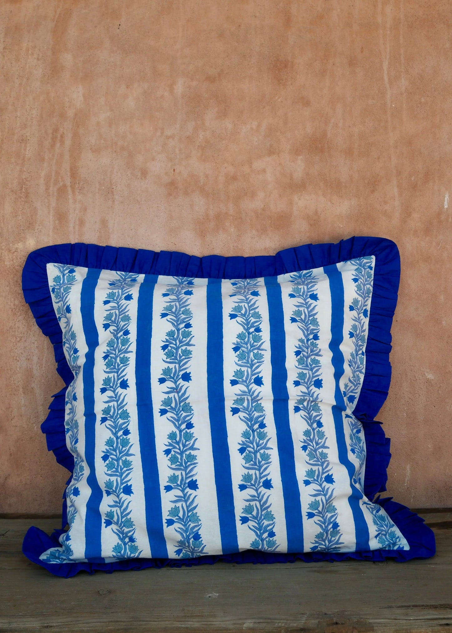 Large Blue Floral Stripe Reversible Cushion Cover Kapara London