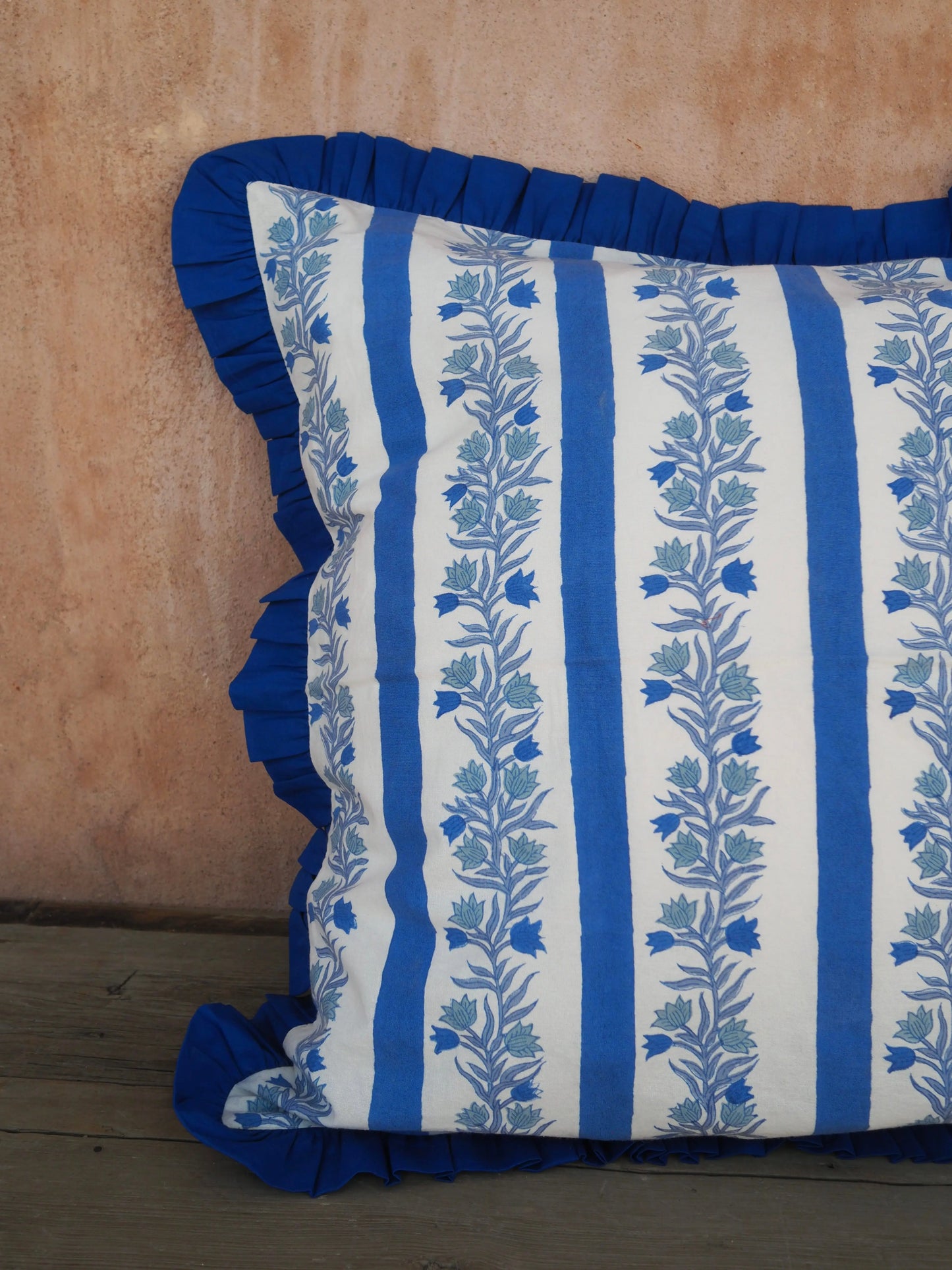 Large Blue Floral Stripe Reversible Cushion Cover Kapara London