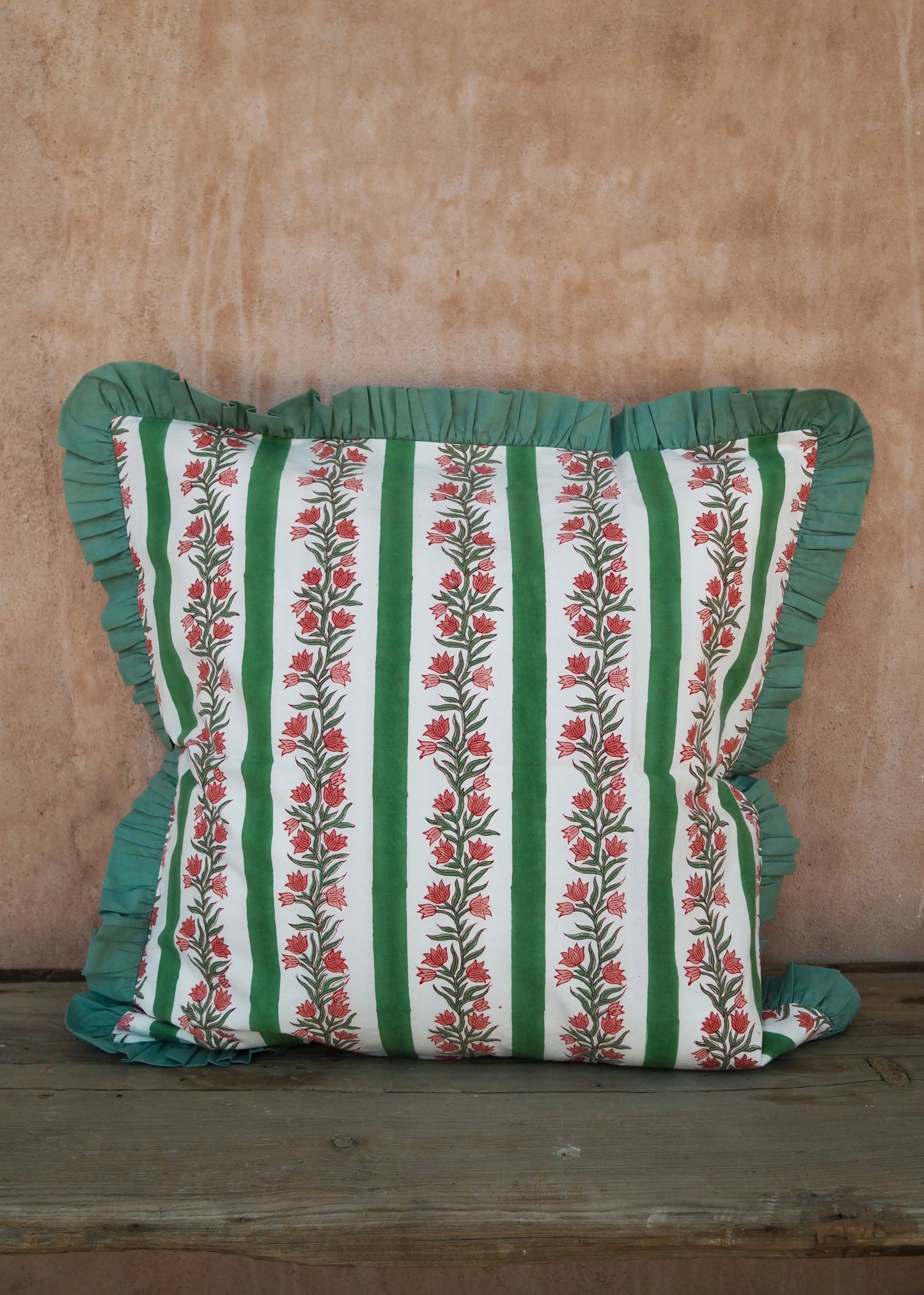 Large Green Floral and Stripe Reversible Cushion Cover Kapara London