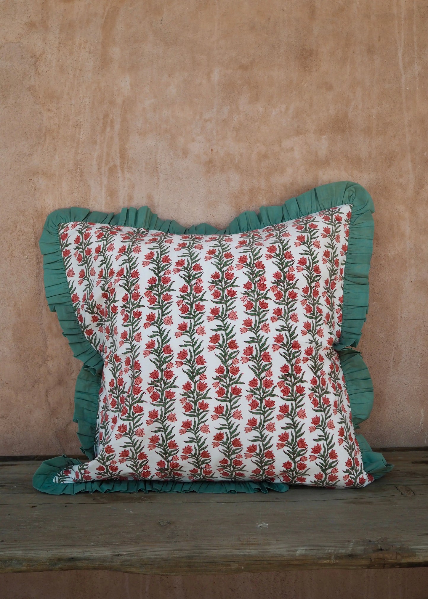 Large Green Floral and Stripe Reversible Cushion Cover Kapara London