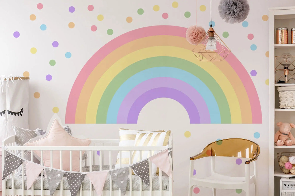 Large Rainbow Decal for Girl Bedroom, Gift Polka Dots Wall Stickers Kids, Pastel Rainbow Vinyl Sticker Playroom, Rainbow Nursery Decoration ClickWalls