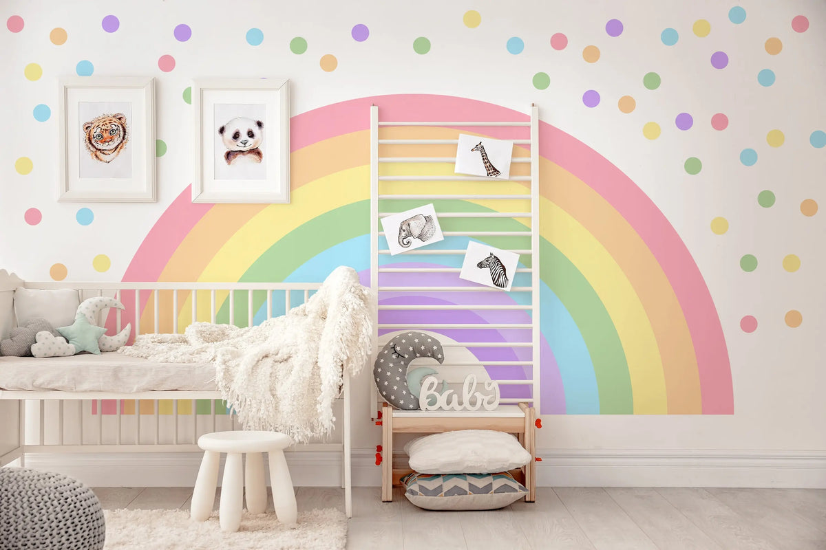 Large Rainbow Decal for Girl Bedroom, Gift Polka Dots Wall Stickers Kids, Pastel Rainbow Vinyl Sticker Playroom, Rainbow Nursery Decoration ClickWalls