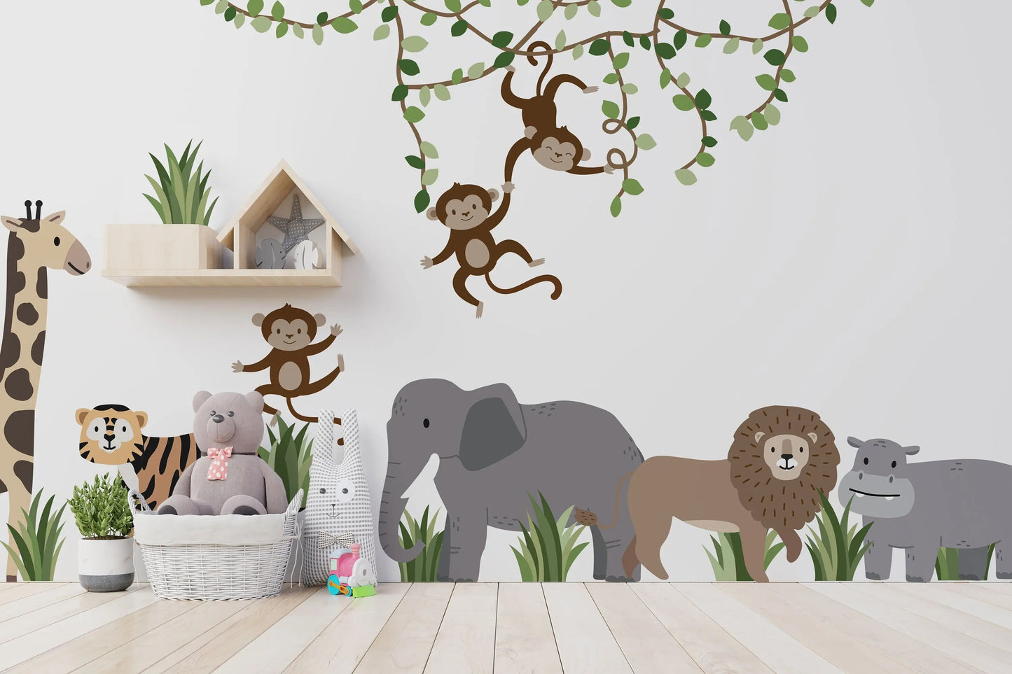 Large Safari Animals and Monkey Wall Decals, Jungle Animal Wall Stickers, Nursery Wall Decals, Repositionable Jungle Wall Decals Style 2 ClickWalls