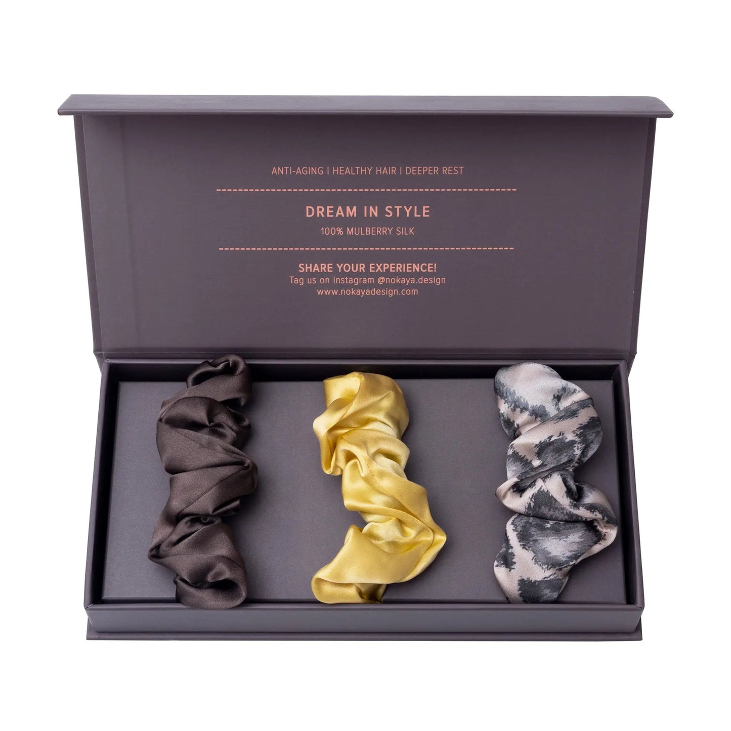 Large Silk Scrunchie Set Brown/PannaCotta/Animal NOKAYA