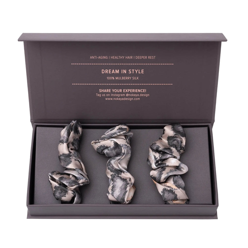 Large Silk Scrunchie Set Snow Leopard NOKAYA