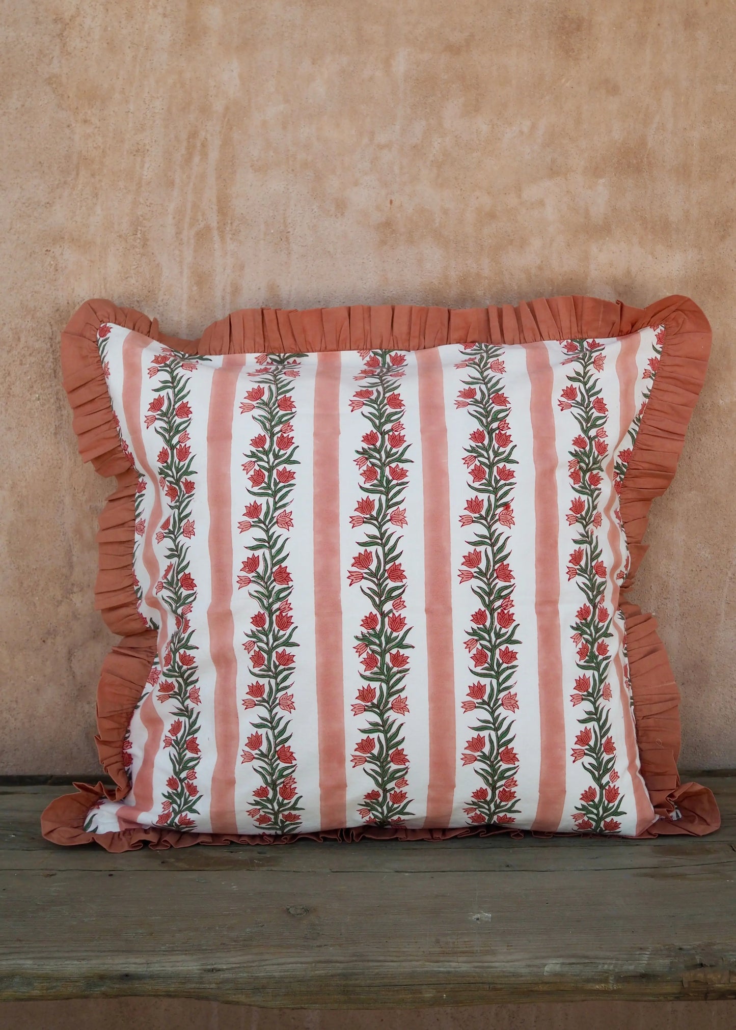 Large Terracotta Pink Floral and Stripe Reversible Cushion Cover Kapara London