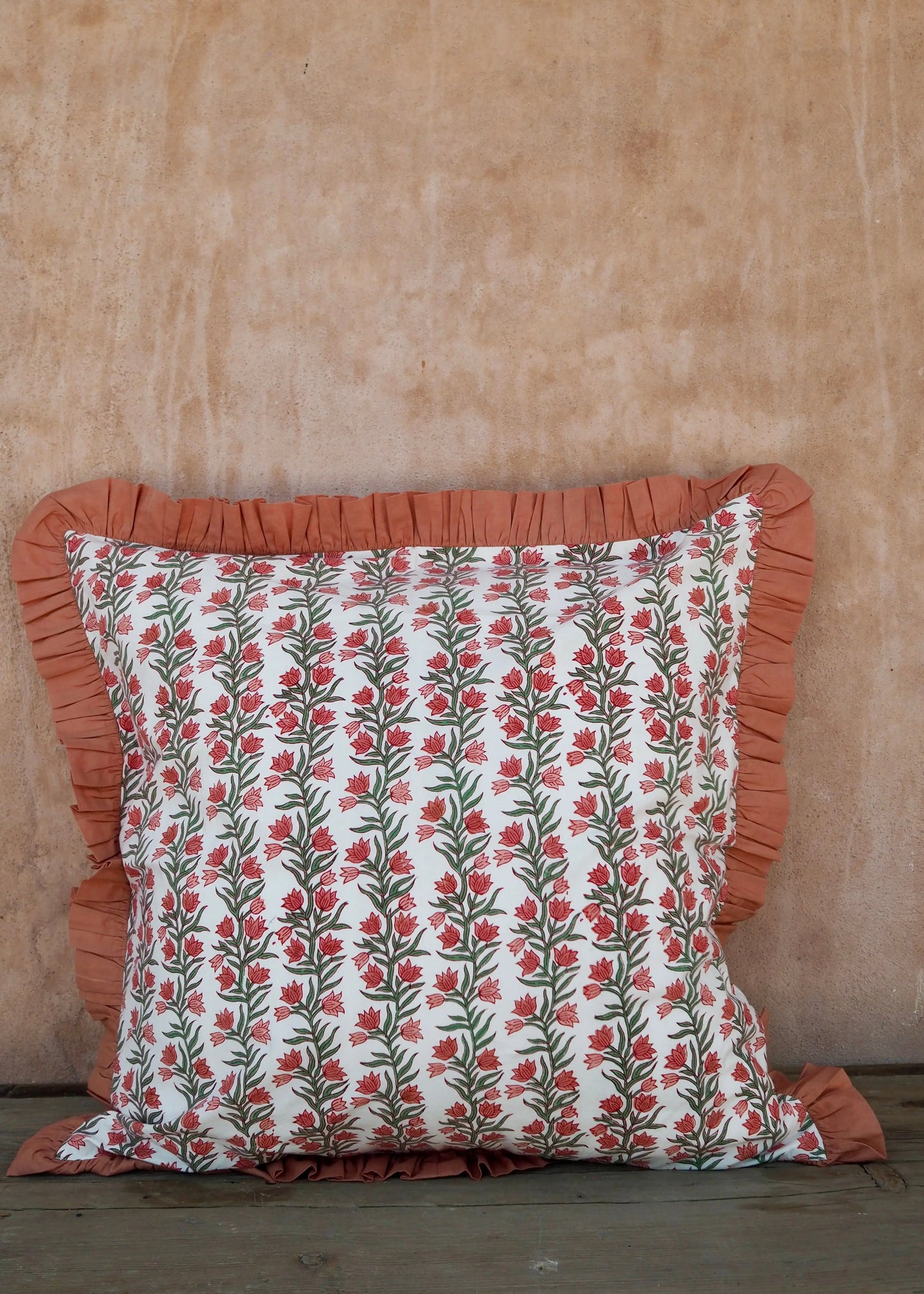 Large Terracotta Pink Floral and Stripe Reversible Cushion Cover Kapara London
