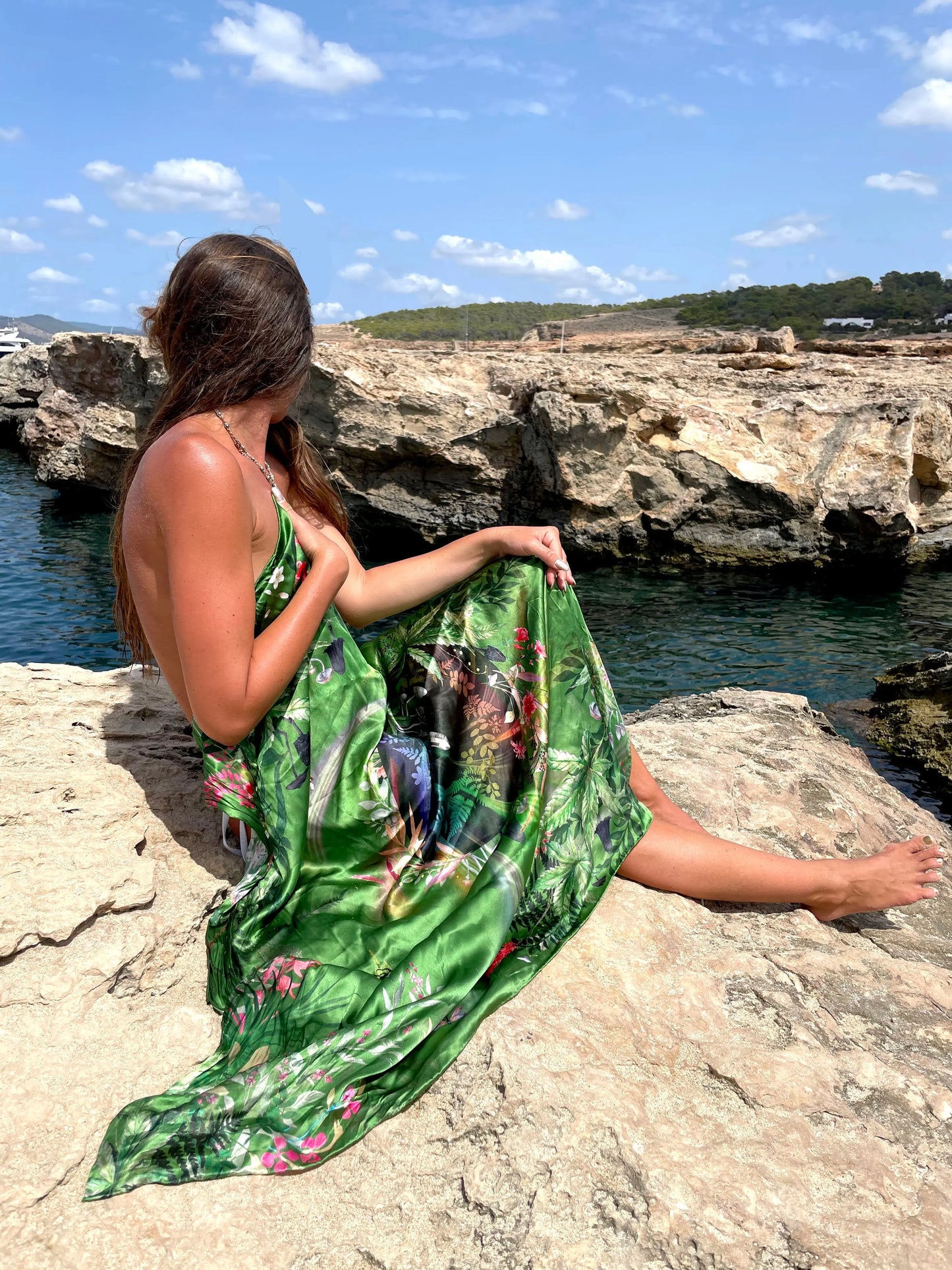 Large green silk scarf with mushroom and crystal, magical ‘Evissa’ print Alice Acreman Silks