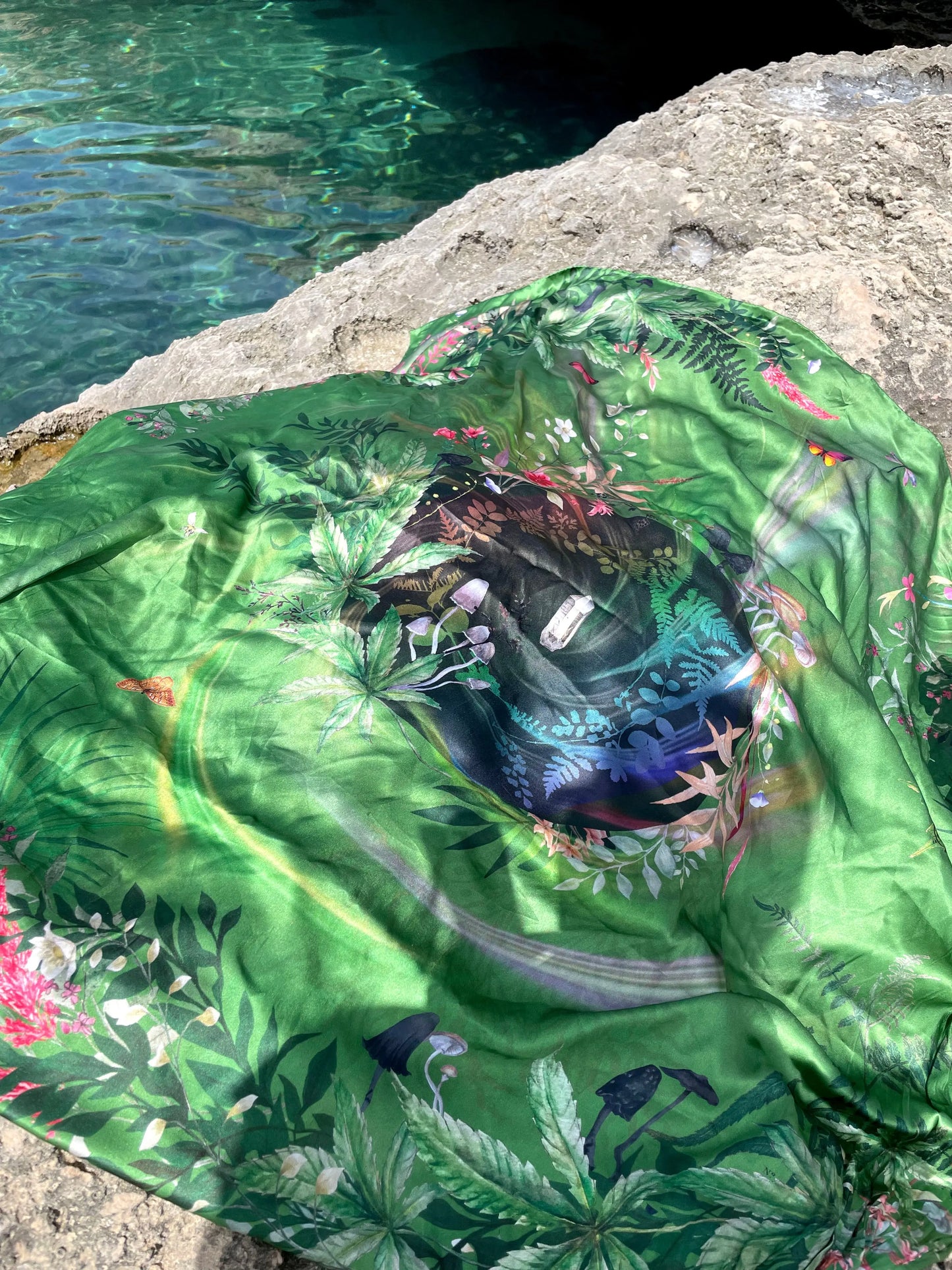 Large green silk scarf with mushroom and crystal, magical ‘Evissa’ print Alice Acreman Silks