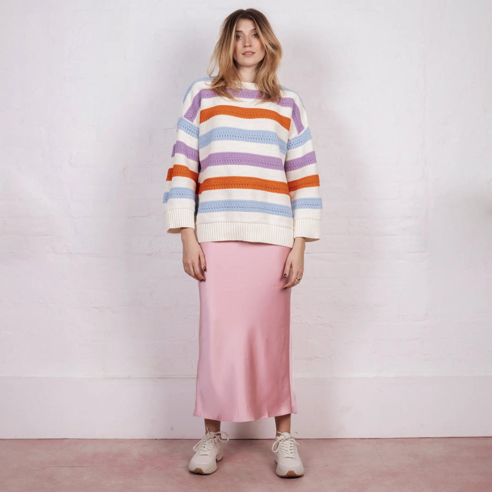 Lauren Rainbow Crochet Stripe Recycled Cotton Blend Jumper - White Cara & The Sky