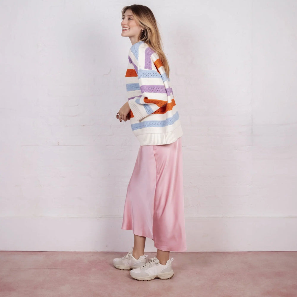 Lauren Rainbow Crochet Stripe Recycled Cotton Blend Jumper - White Cara & The Sky
