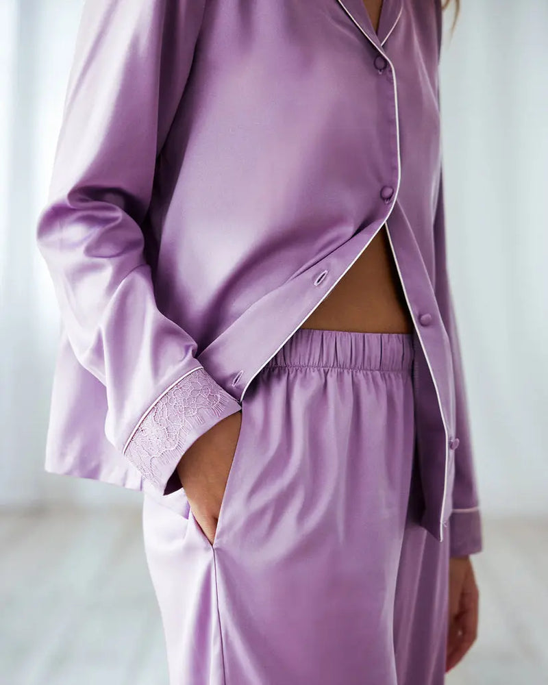 Lavender Women's Satin Lace Trim Long Pyjama Set Chelsea Peers
