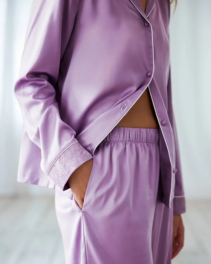 Lavender Women's Satin Lace Trim Long Pyjama Set Chelsea Peers