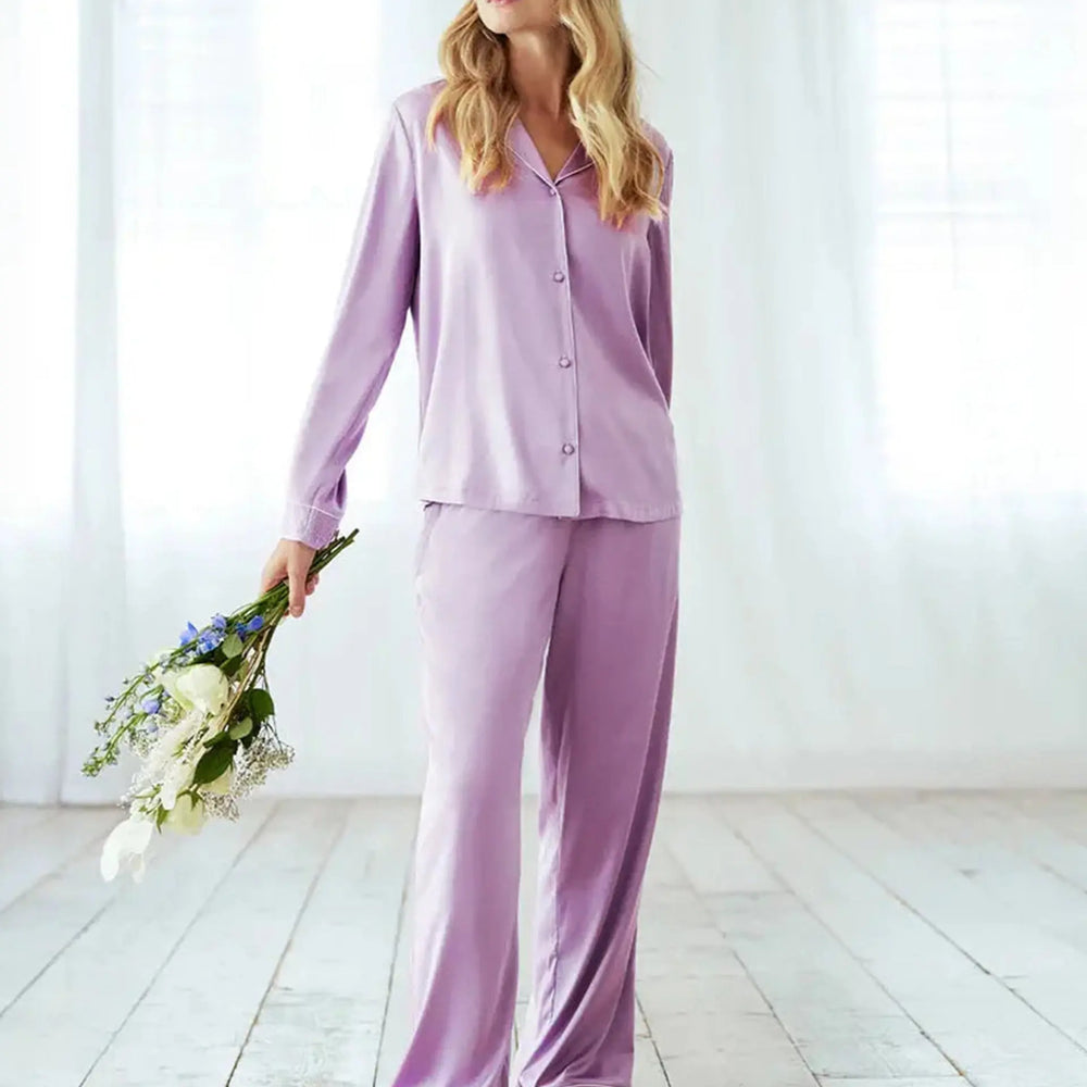 Lavender Women's Satin Lace Trim Long Pyjama Set Chelsea Peers