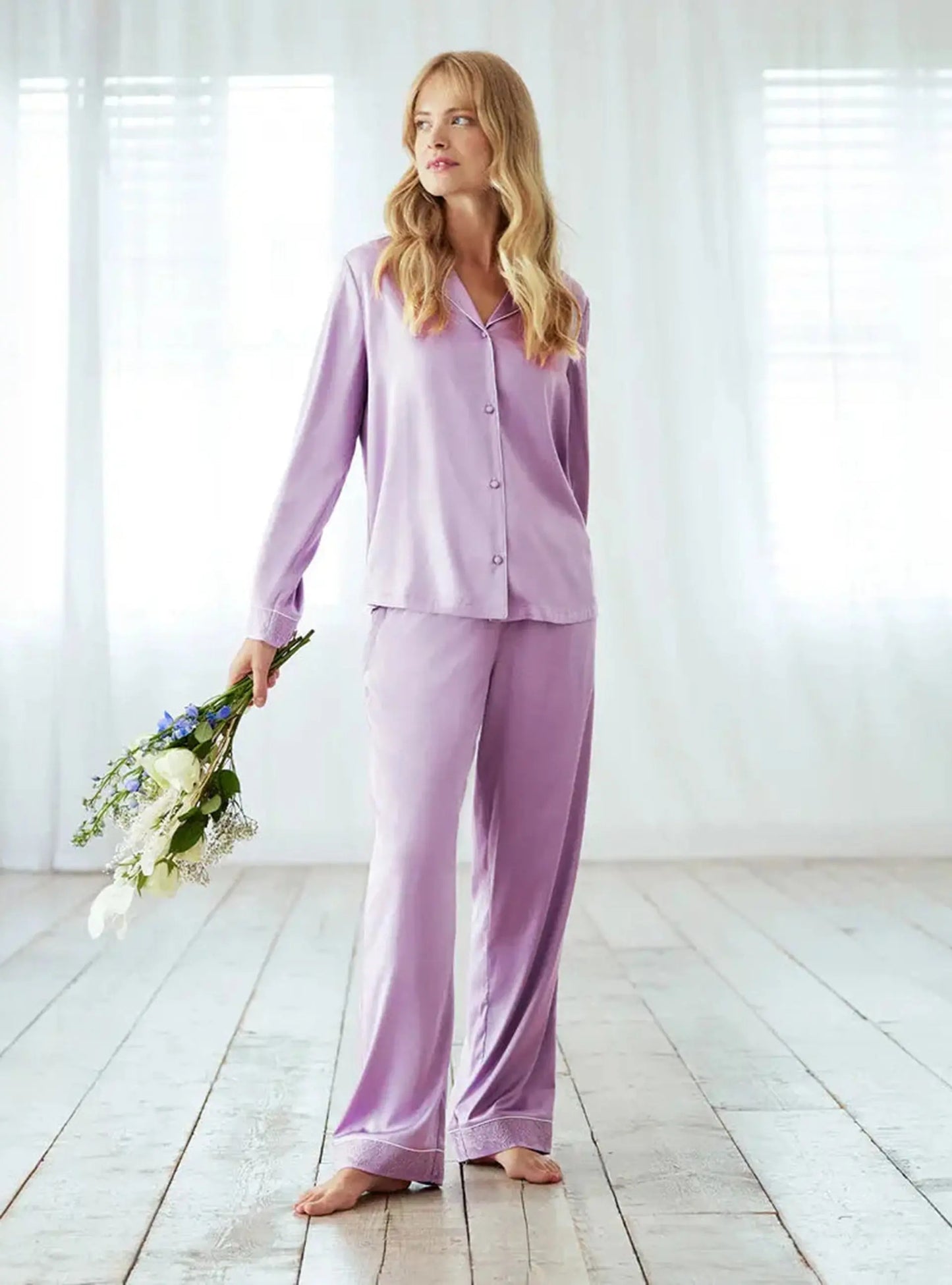 Lavender Women's Satin Lace Trim Long Pyjama Set Chelsea Peers