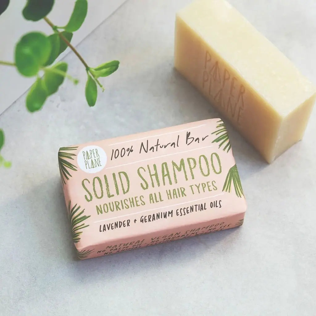 Lavender and Geranium 100% Natural Vegan Plastic-free Solid Shampoo Paper Plane