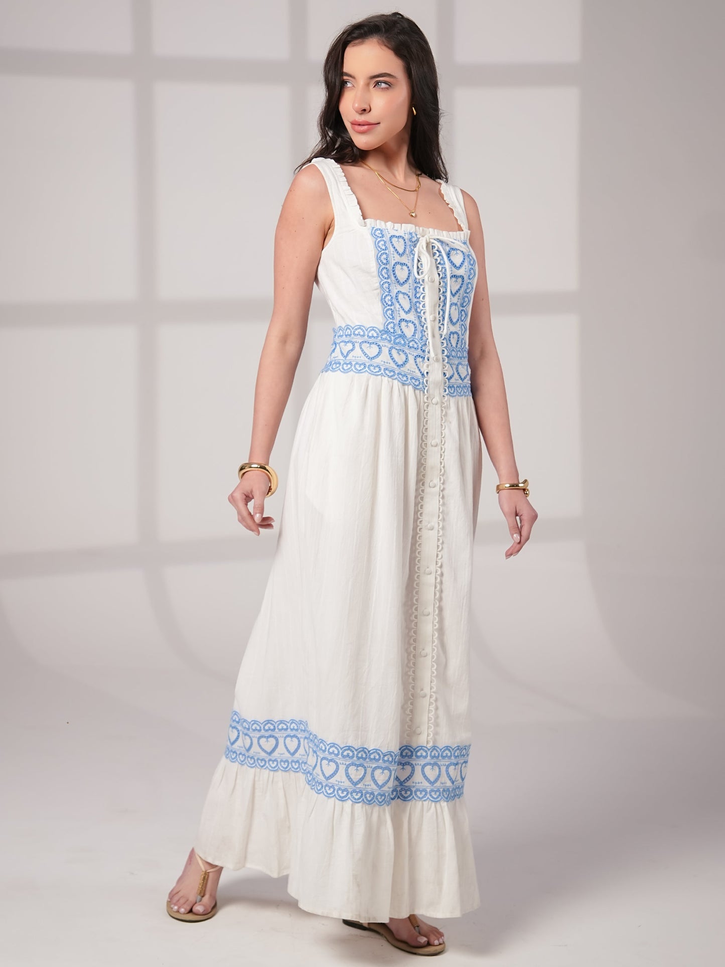 Harri Heart And Blue Cotton Heart Embroidery Maxi Dress Rose & Nancy