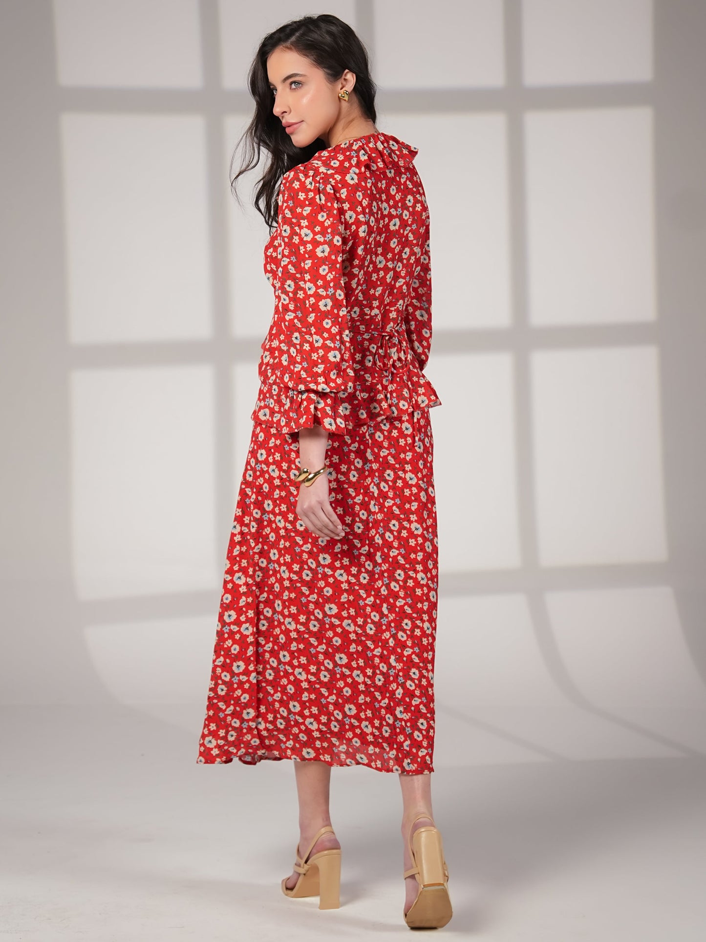 Philippa Red Floral Print Midi Skirt Rose & Nancy