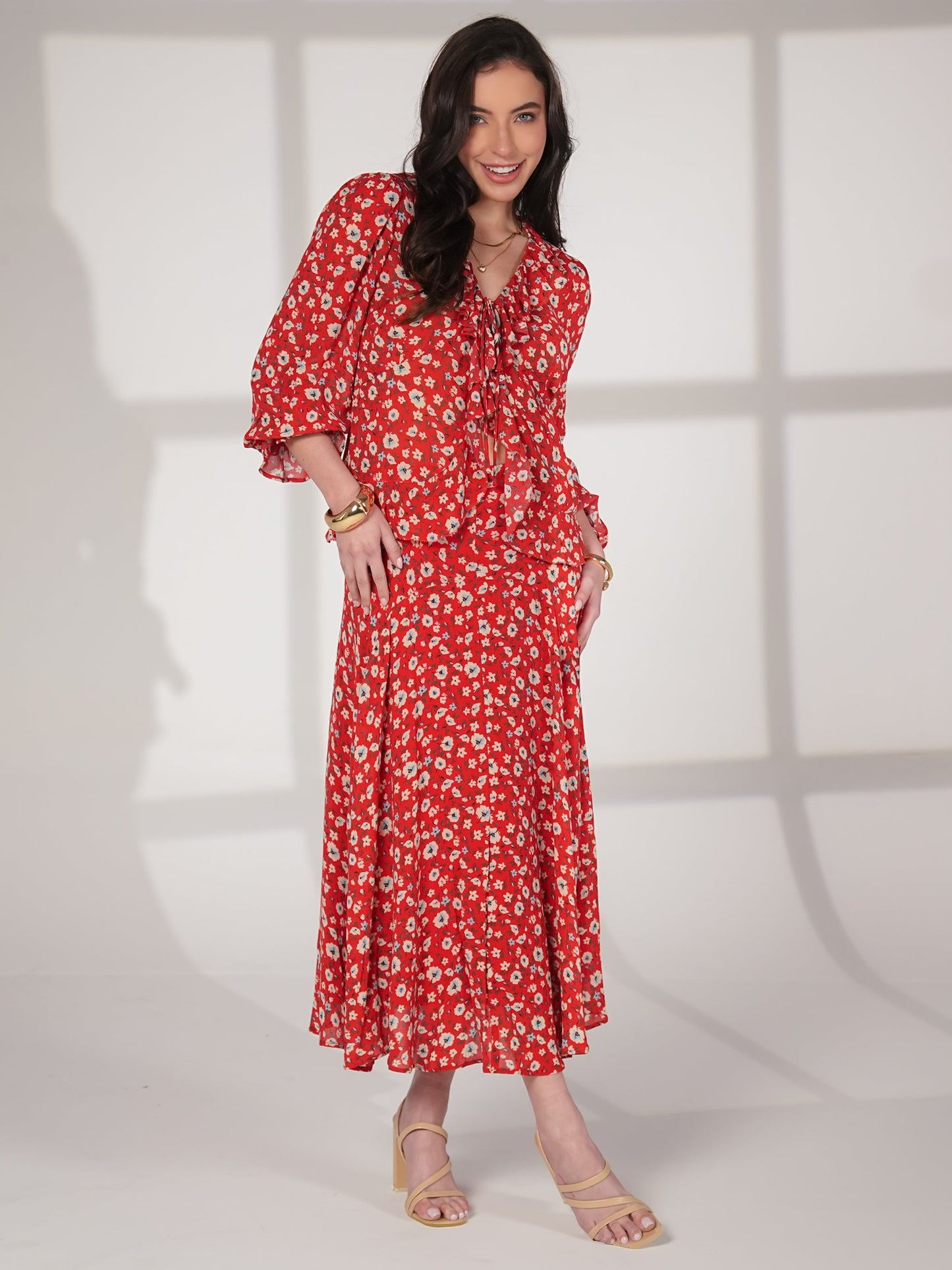 Philippa Red Floral Print Midi Skirt Rose & Nancy