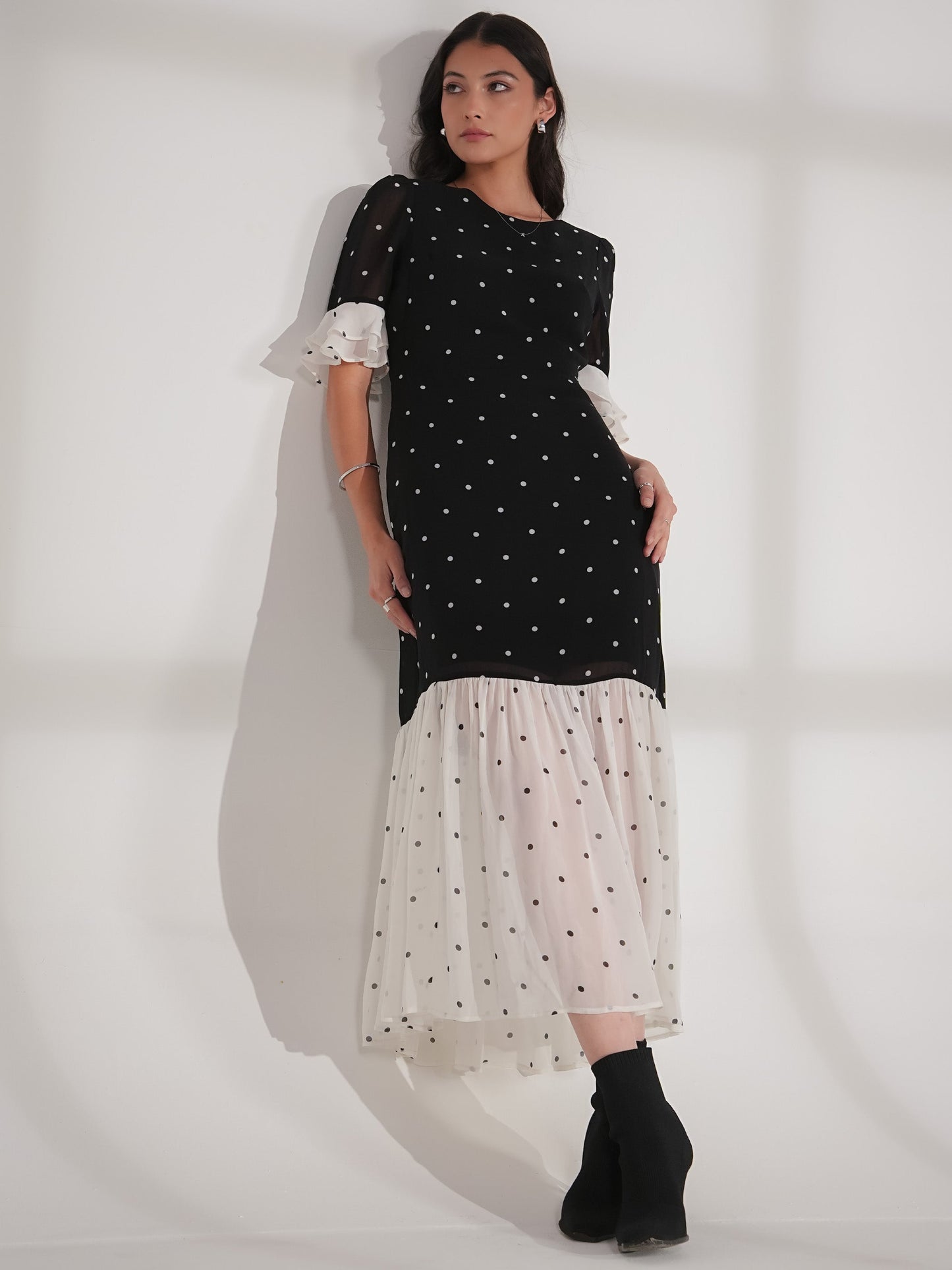 Saphi Black and White Pindot Spot Midi Dress Rose & Nancy
