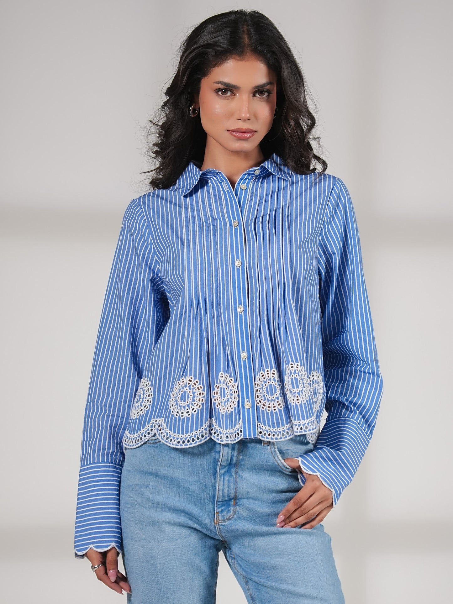Leonie Embroidery Hem Blue Stripe Shirt Rose & Nancy