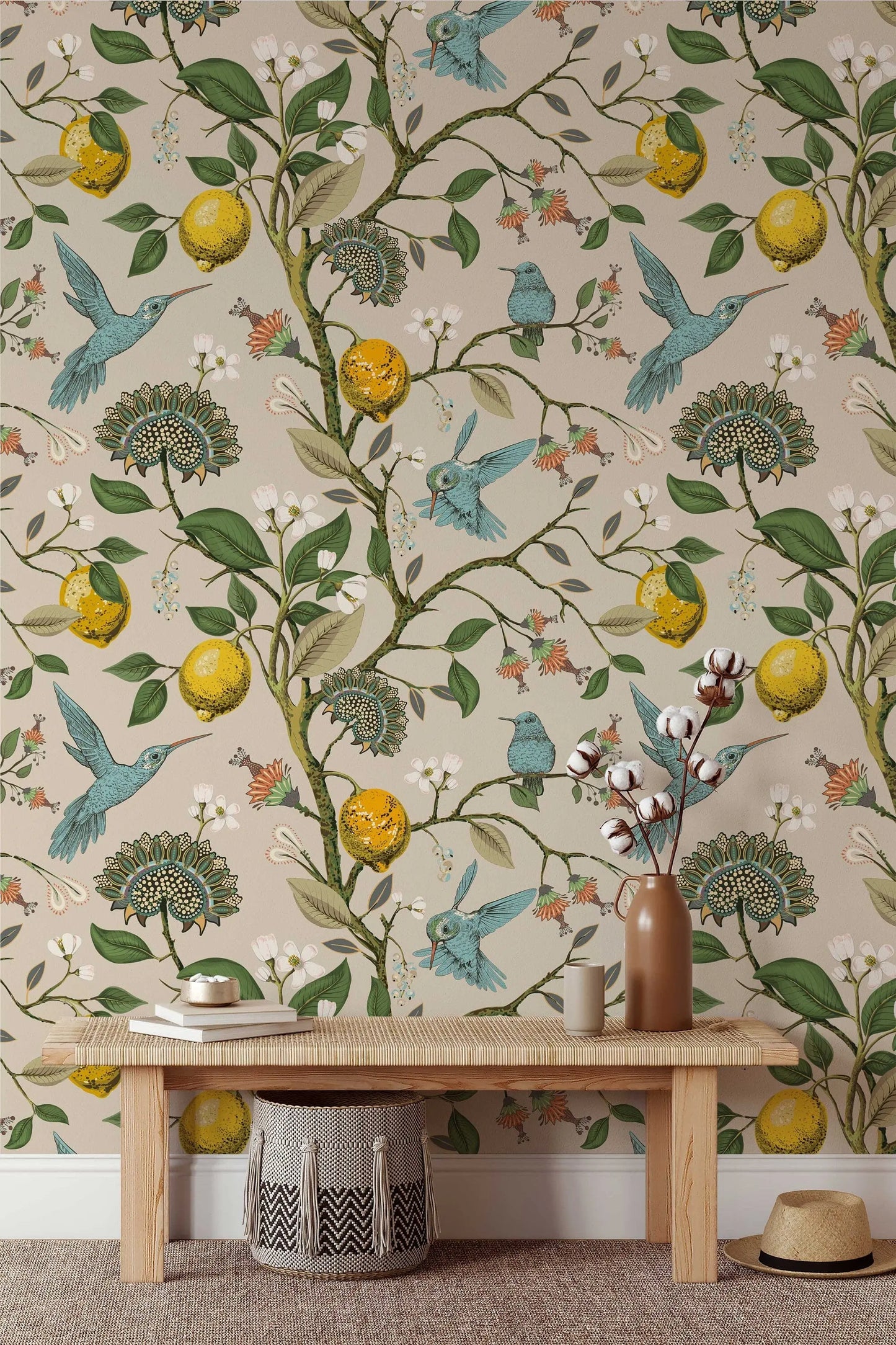 Lemon Grove Hummingbirds Peel and Stick Wallpaper - Removable Self-Adhesive for Nursery or Kitchen ClickWalls