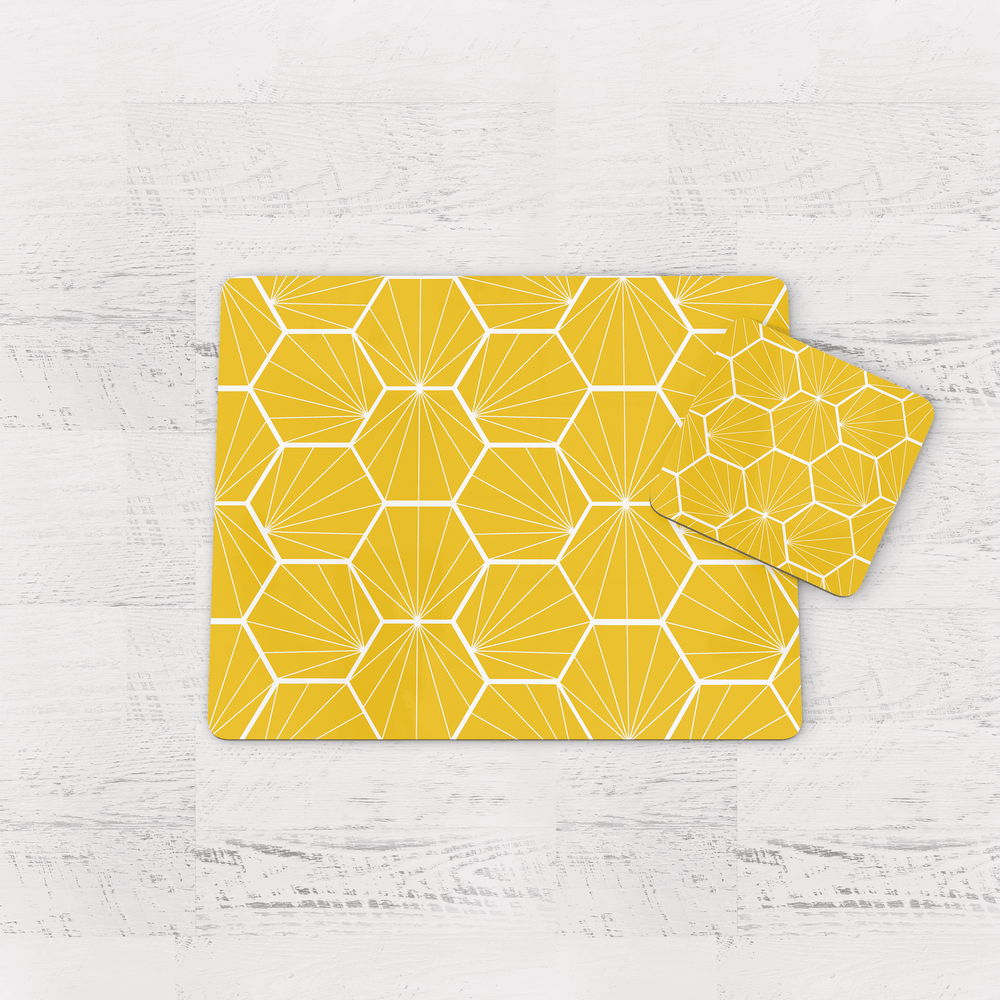 Lemon Yellow Geometric Hexagons Placemats, Set of 4 or Set of 6 Shadow bright