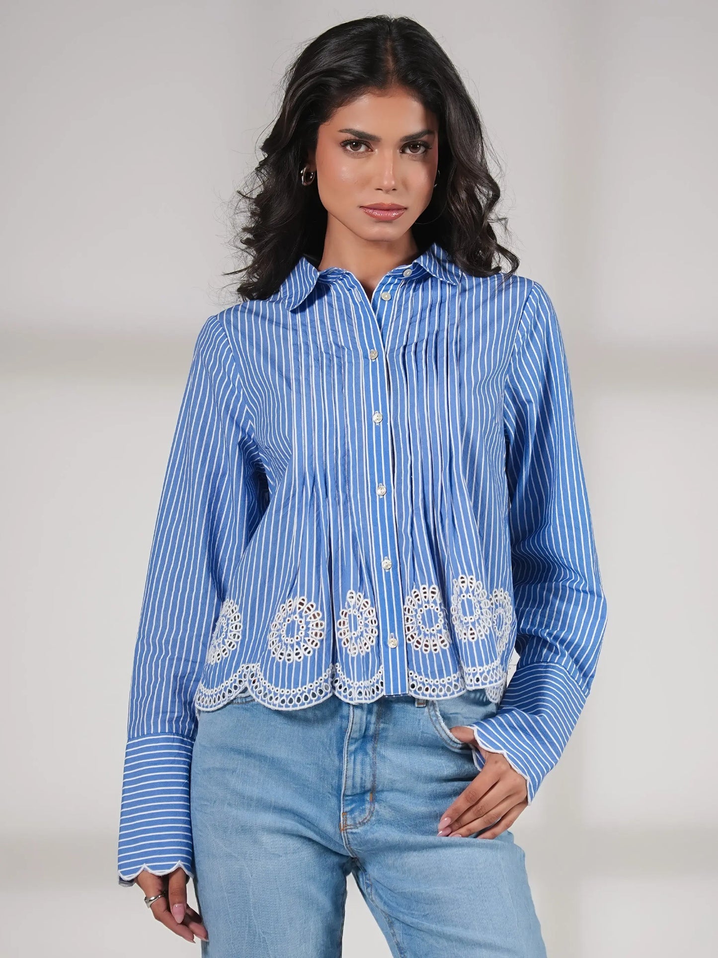 Leonie Embroidery Hem Blue Stripe Shirt Rose & Nancy